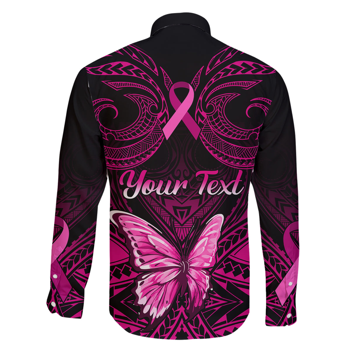 Personalised Pink Out Family Matching Short Sleeve Bodycon Dress and Hawaiian Shirt Breast Cancer Awareness Polynesian Pattern Black Version - Wonder Print Shop