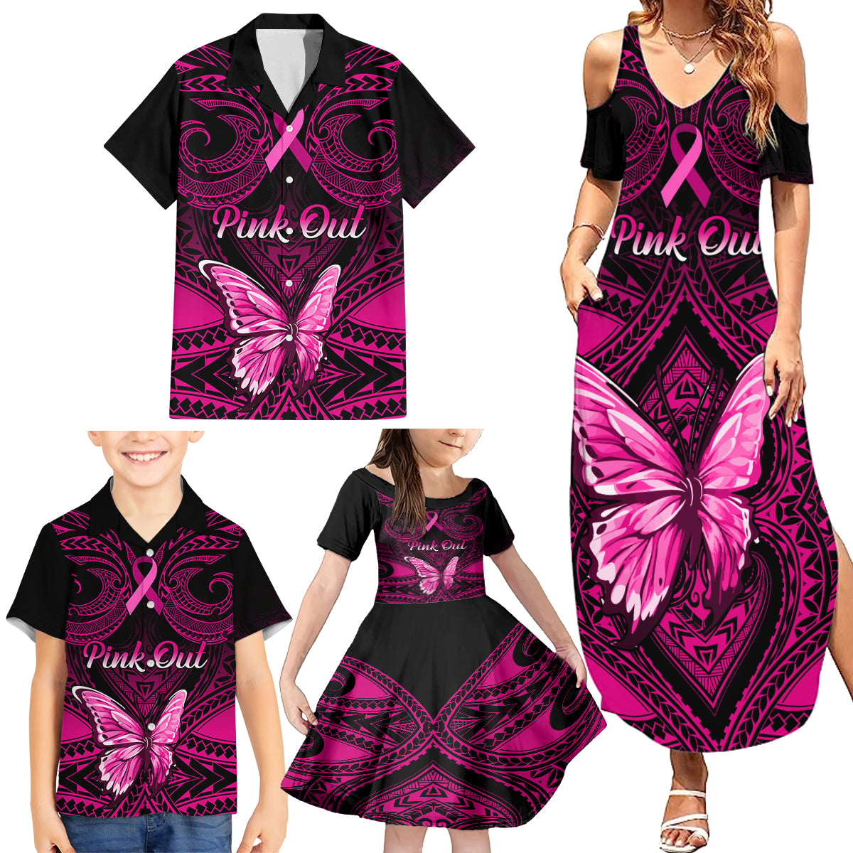 Personalised Pink Out Family Matching Summer Maxi Dress and Hawaiian Shirt Breast Cancer Awareness Polynesian Pattern Black Version - Wonder Print Shop
