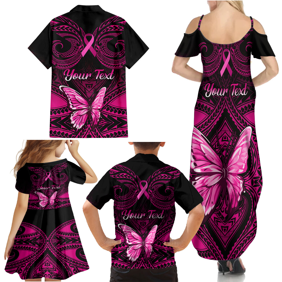 Personalised Pink Out Family Matching Summer Maxi Dress and Hawaiian Shirt Breast Cancer Awareness Polynesian Pattern Black Version - Wonder Print Shop