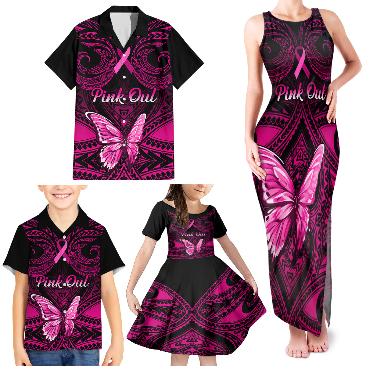 Personalised Pink Out Family Matching Tank Maxi Dress and Hawaiian Shirt Breast Cancer Awareness Polynesian Pattern Black Version - Wonder Print Shop