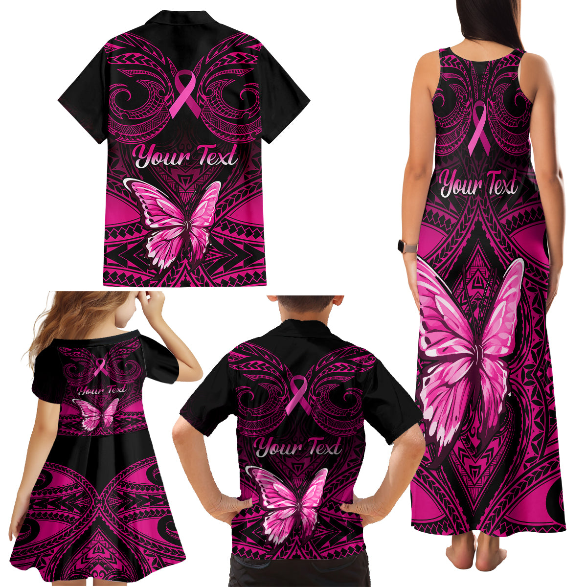 Personalised Pink Out Family Matching Tank Maxi Dress and Hawaiian Shirt Breast Cancer Awareness Polynesian Pattern Black Version - Wonder Print Shop