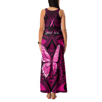 Personalised Pink Out Family Matching Tank Maxi Dress and Hawaiian Shirt Breast Cancer Awareness Polynesian Pattern Black Version - Wonder Print Shop