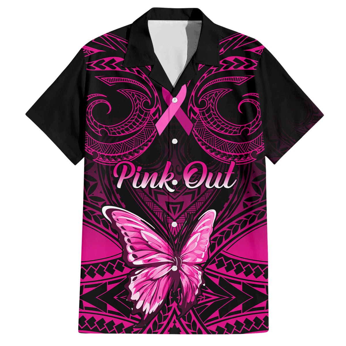 Personalised Pink Out Hawaiian Shirt Breast Cancer Awareness Polynesian Pattern Black Version - Wonder Print Shop