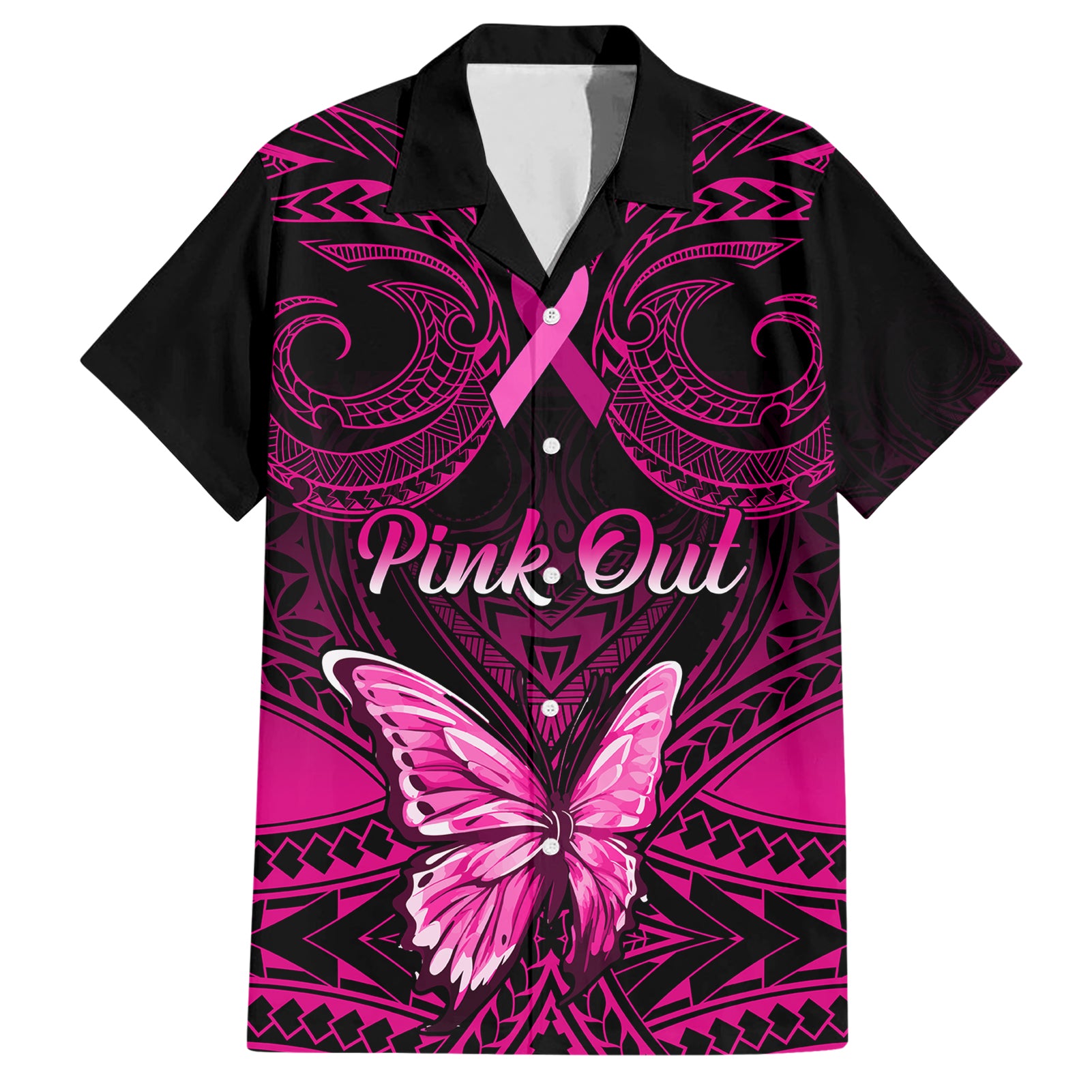 Personalised Pink Out Hawaiian Shirt Breast Cancer Awareness Polynesian Pattern Black Version - Wonder Print Shop