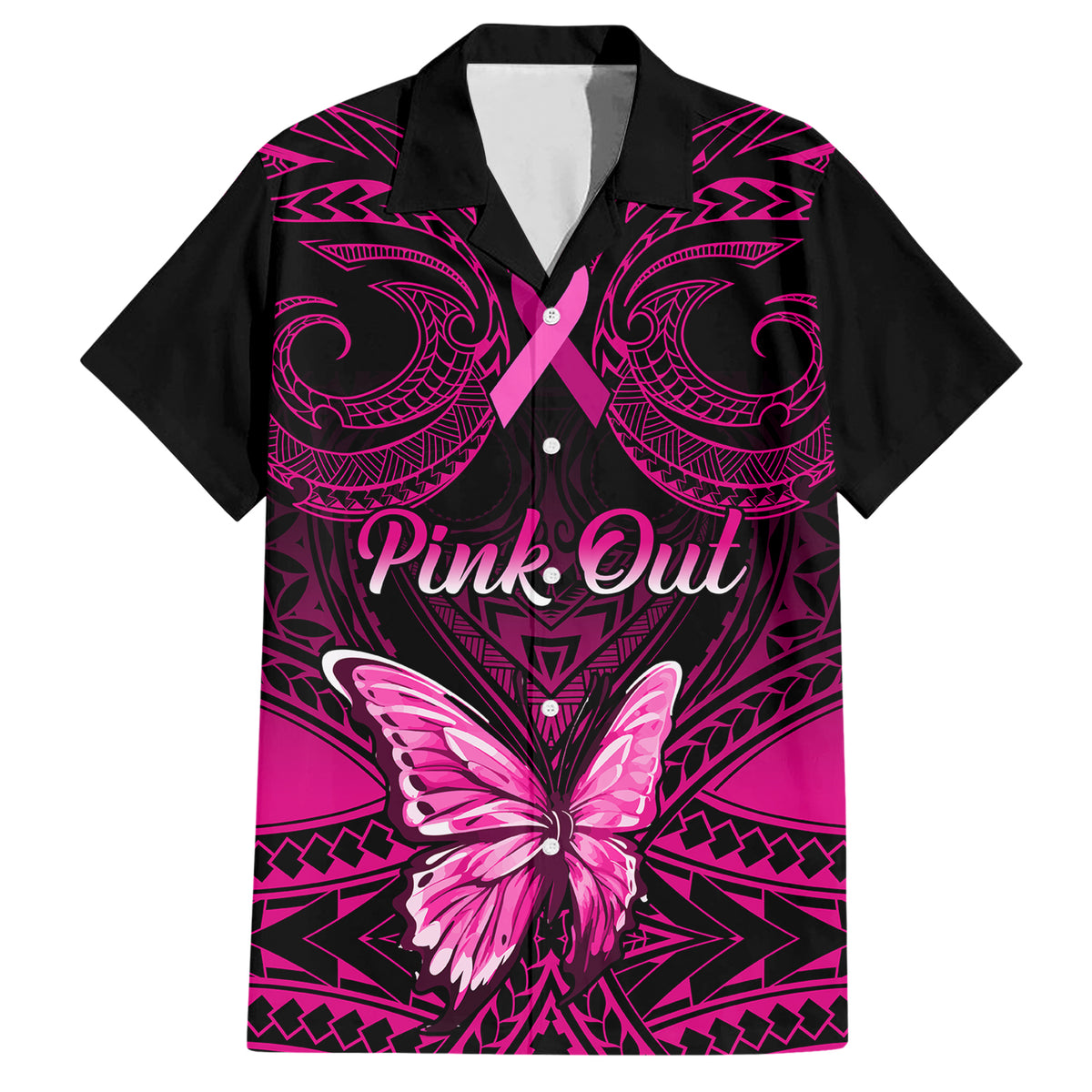 Personalised Pink Out Hawaiian Shirt Breast Cancer Awareness Polynesian Pattern Black Version - Wonder Print Shop