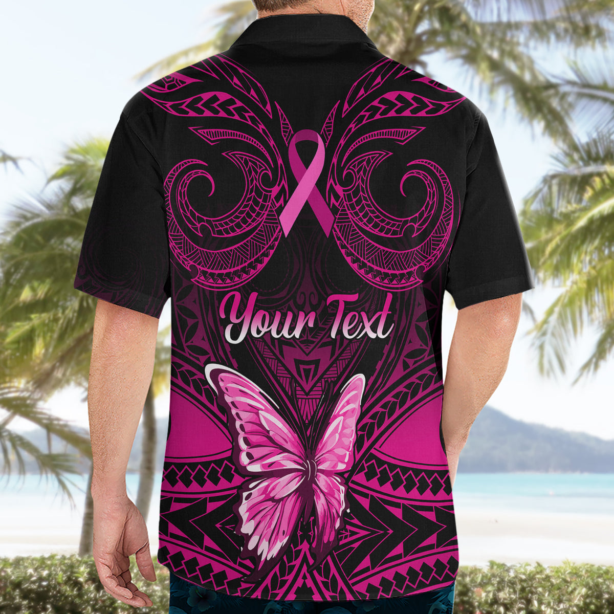 Personalised Pink Out Hawaiian Shirt Breast Cancer Awareness Polynesian Pattern Black Version - Wonder Print Shop