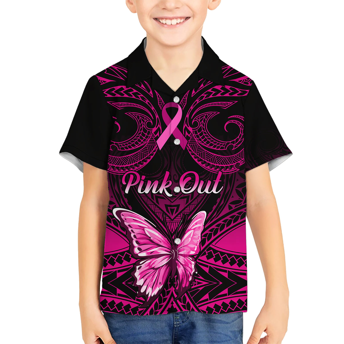 Personalised Pink Out Hawaiian Shirt Breast Cancer Awareness Polynesian Pattern Black Version - Wonder Print Shop