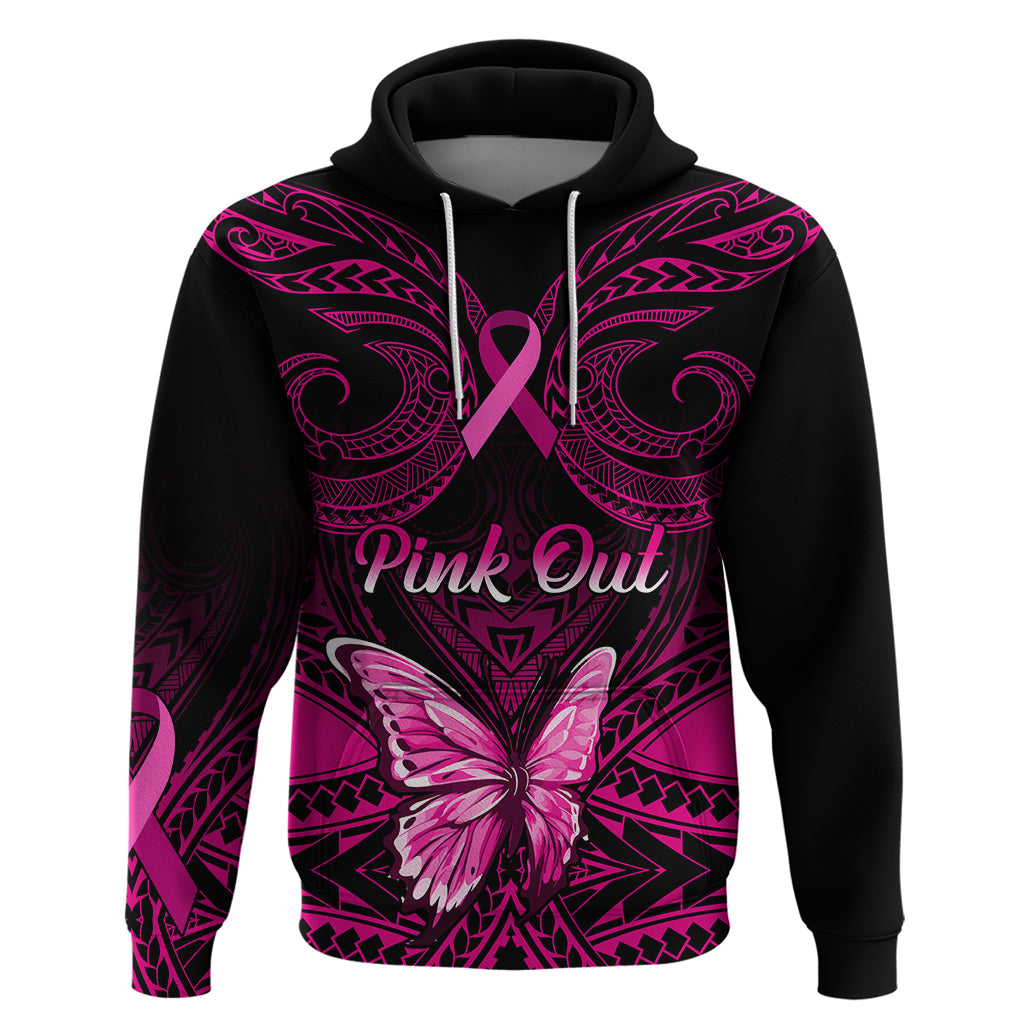 Personalised Pink Out Hoodie Breast Cancer Awareness Polynesian Pattern Black Version - Wonder Print Shop