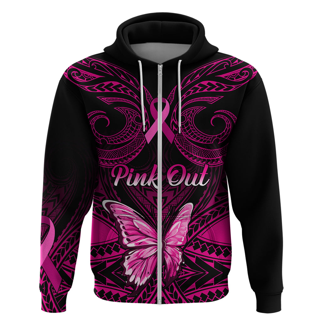 Personalised Pink Out Hoodie Breast Cancer Awareness Polynesian Pattern Black Version - Wonder Print Shop
