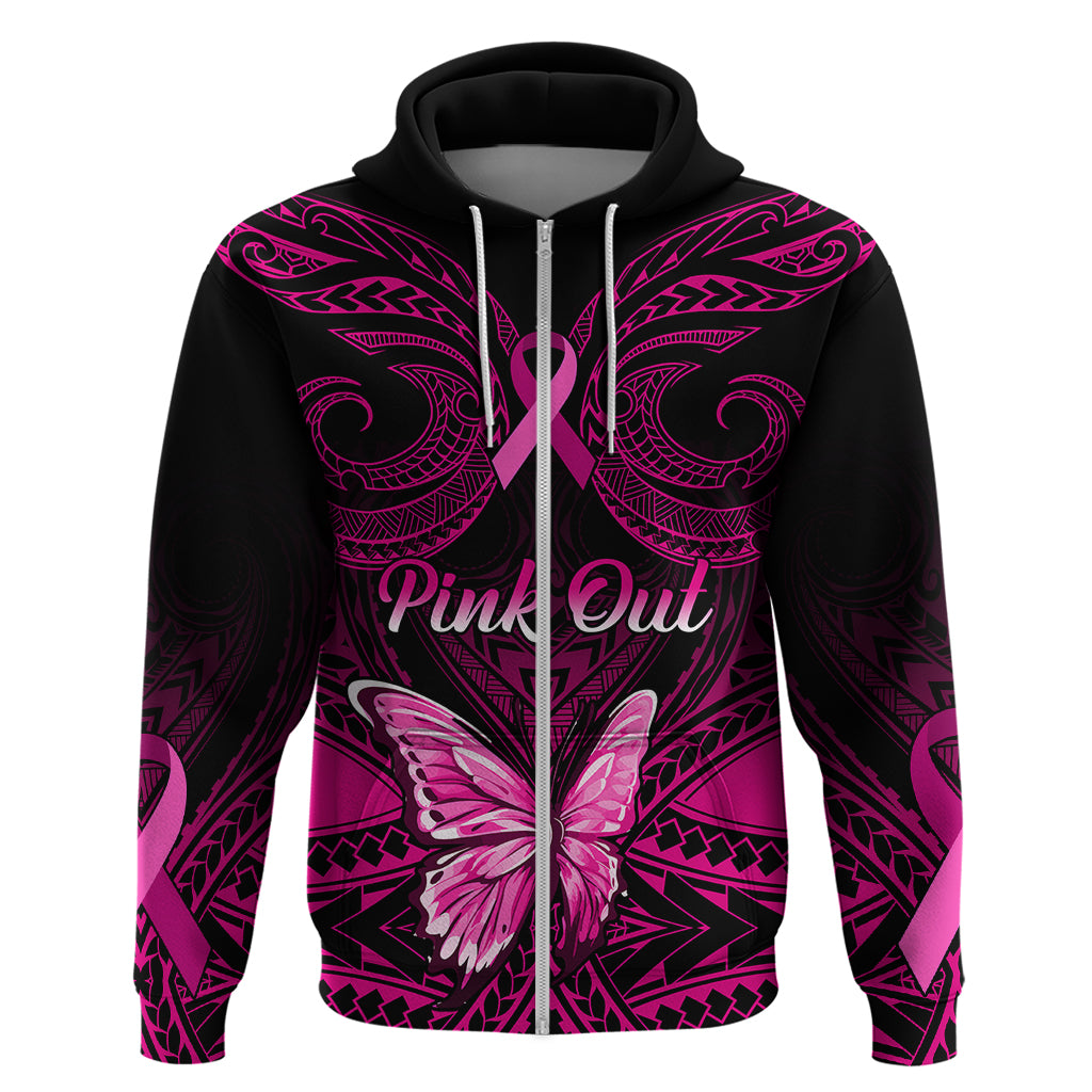Personalised Pink Out Hoodie Breast Cancer Awareness Polynesian Pattern Black Version - Wonder Print Shop