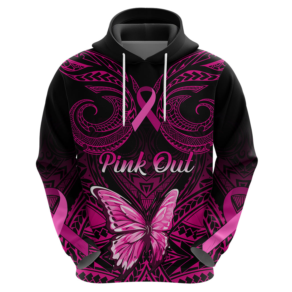 Personalised Pink Out Hoodie Breast Cancer Awareness Polynesian Pattern Black Version - Wonder Print Shop