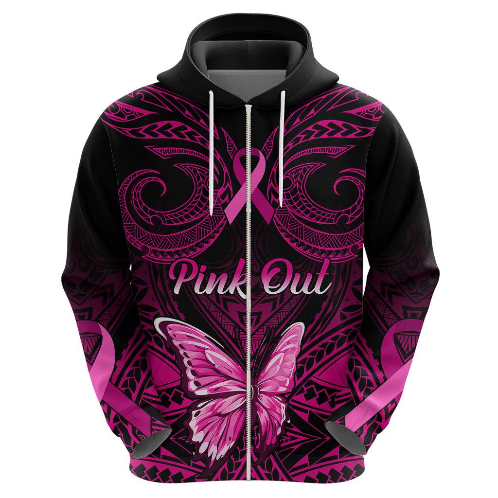 Personalised Pink Out Hoodie Breast Cancer Awareness Polynesian Pattern Black Version - Wonder Print Shop