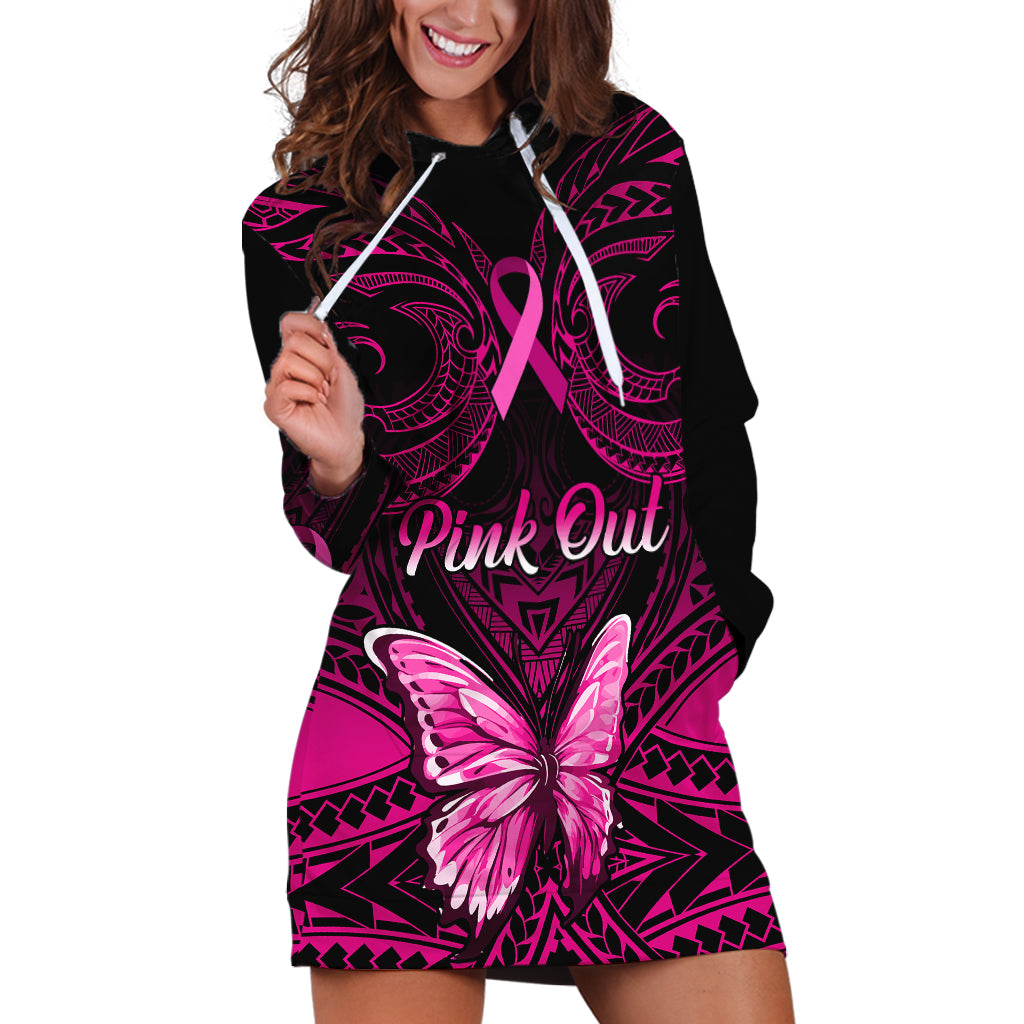 Personalised Pink Out Hoodie Dress Breast Cancer Awareness Polynesian Pattern Black Version - Wonder Print Shop