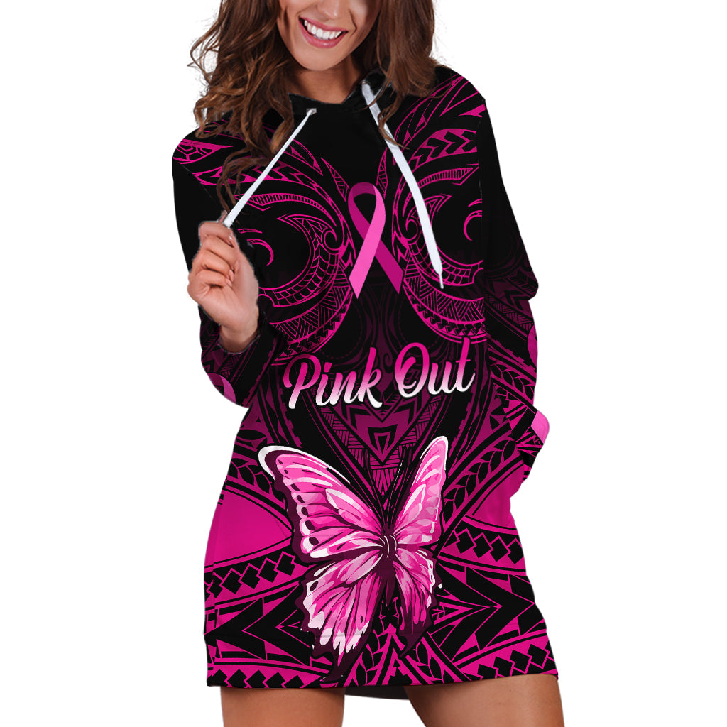 Personalised Pink Out Hoodie Dress Breast Cancer Awareness Polynesian Pattern Black Version - Wonder Print Shop