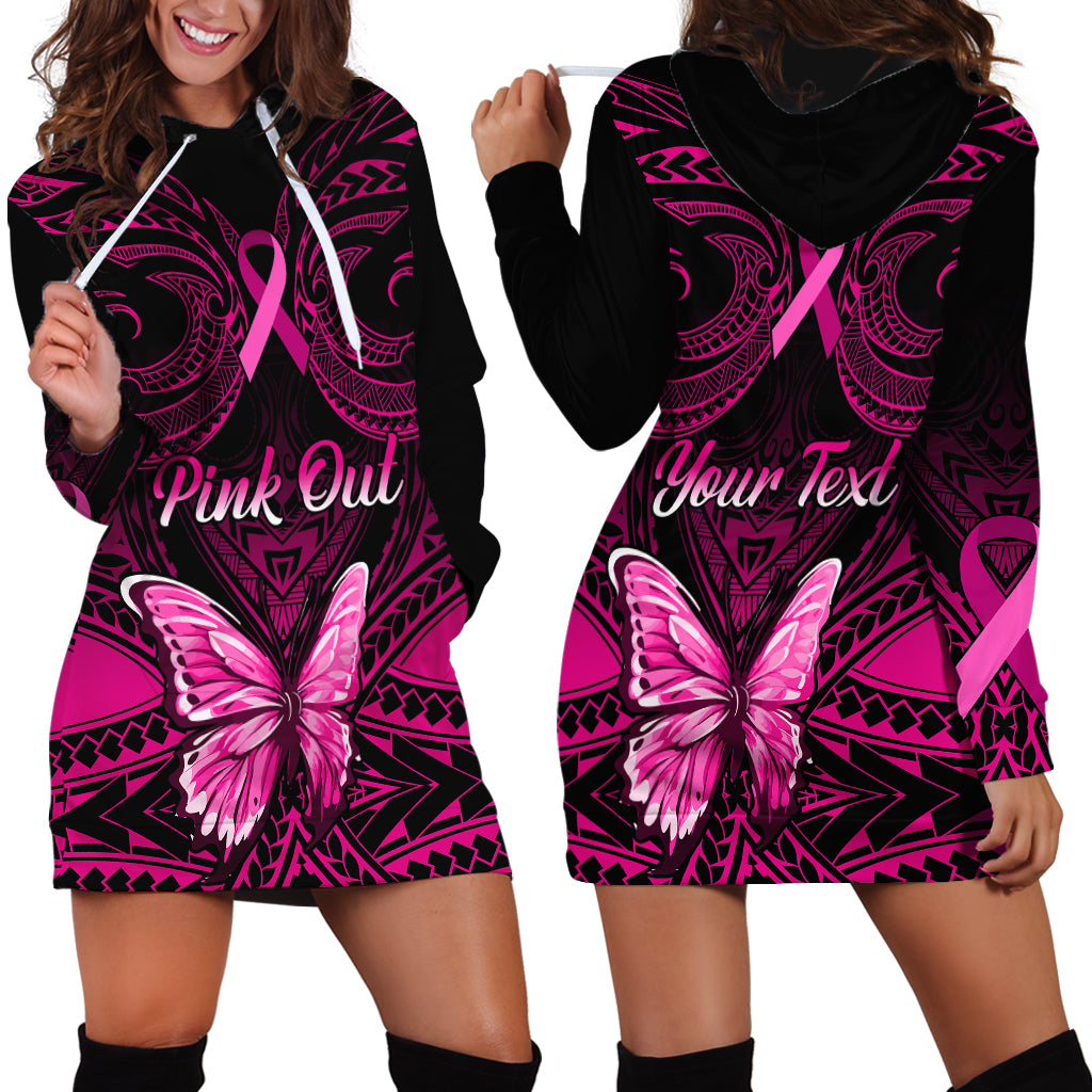 Personalised Pink Out Hoodie Dress Breast Cancer Awareness Polynesian Pattern Black Version - Wonder Print Shop