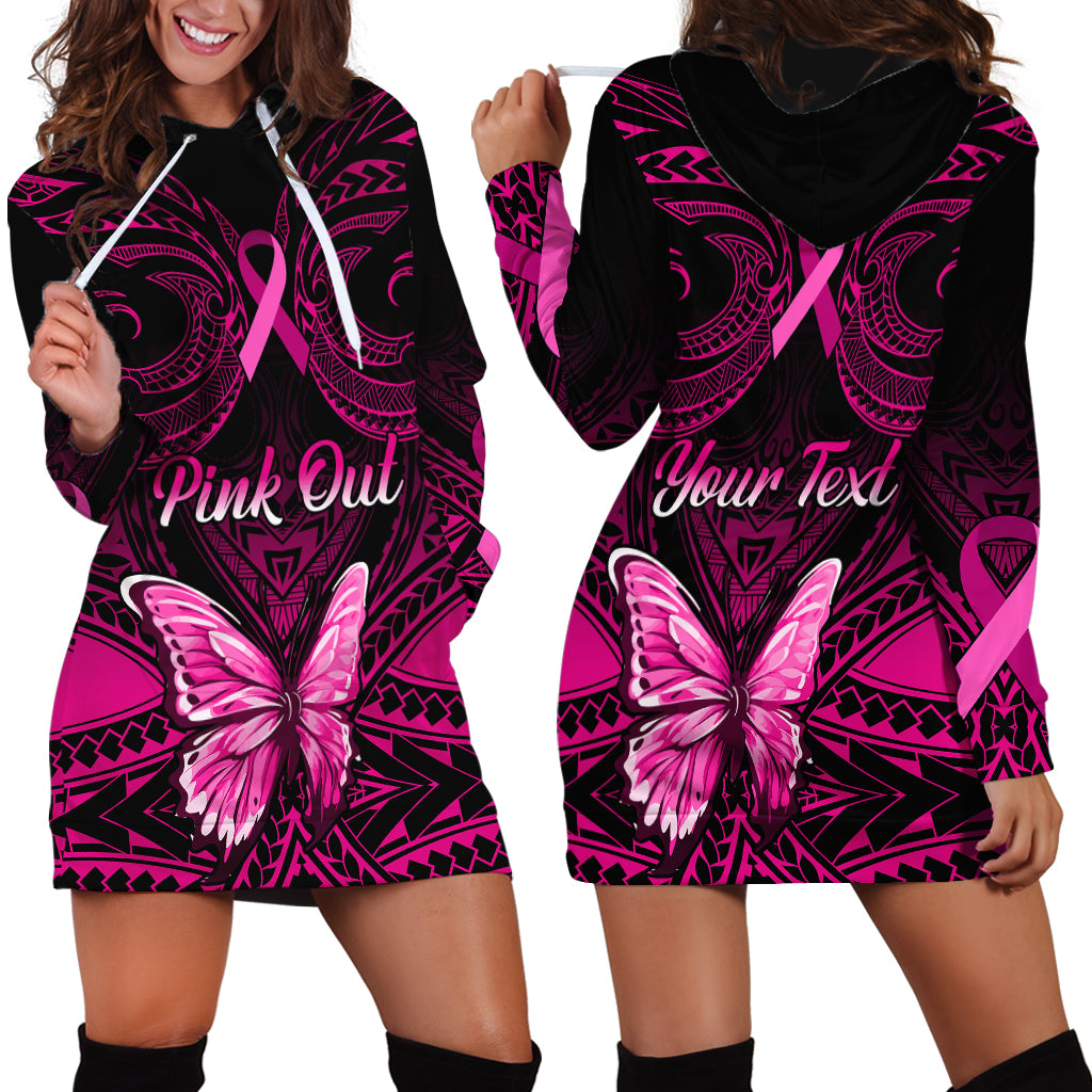 Personalised Pink Out Hoodie Dress Breast Cancer Awareness Polynesian Pattern Black Version - Wonder Print Shop