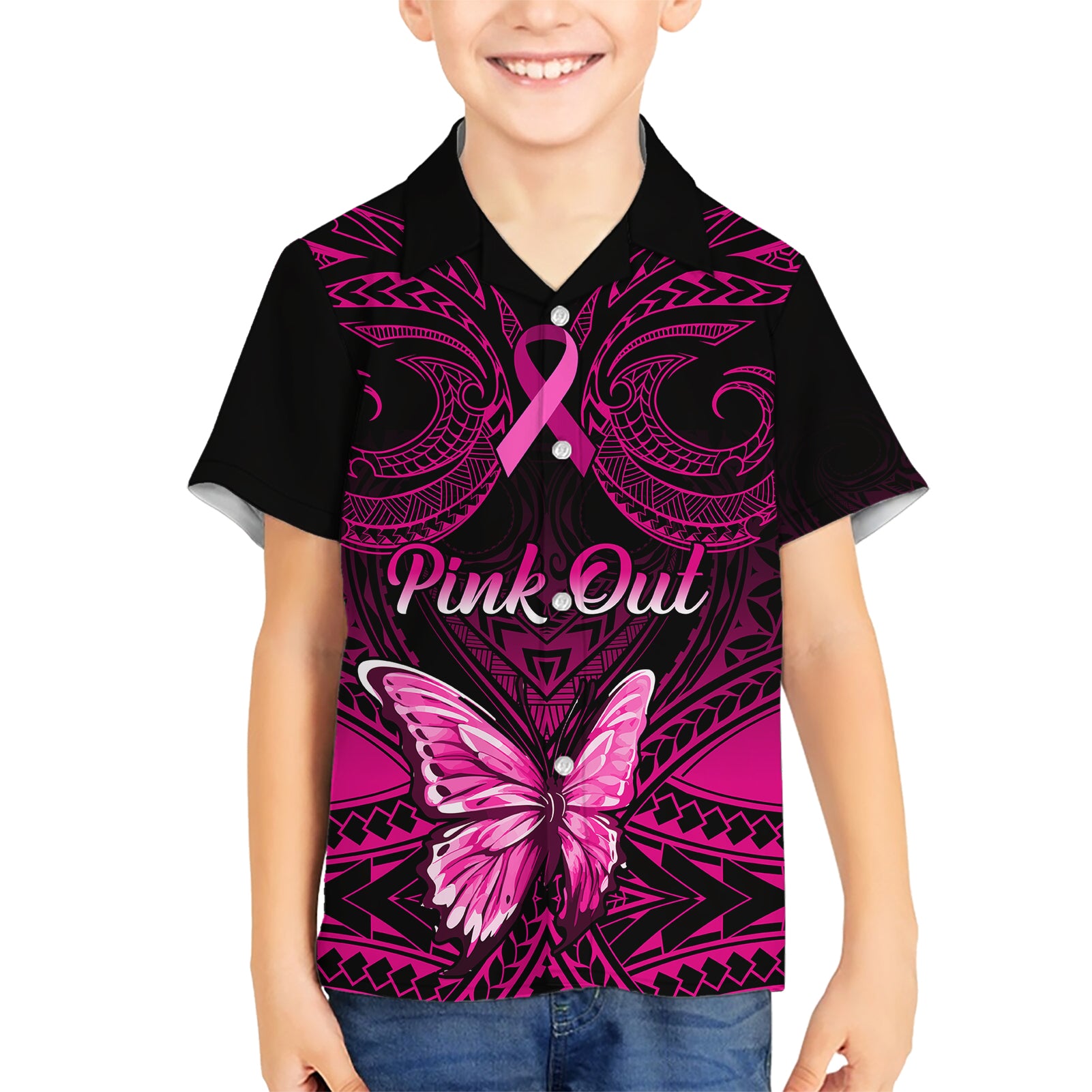 Personalised Pink Out Kid Hawaiian Shirt Breast Cancer Awareness Polynesian Pattern Black Version - Wonder Print Shop