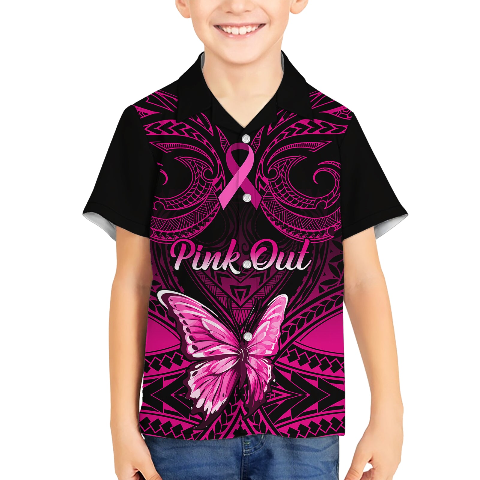 Personalised Pink Out Kid Hawaiian Shirt Breast Cancer Awareness Polynesian Pattern Black Version - Wonder Print Shop