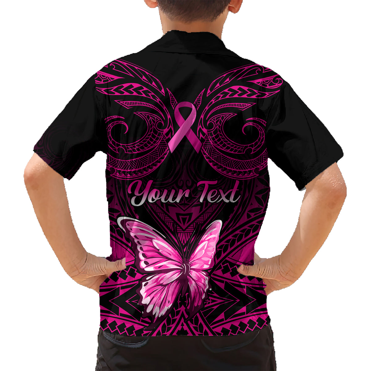 Personalised Pink Out Kid Hawaiian Shirt Breast Cancer Awareness Polynesian Pattern Black Version - Wonder Print Shop