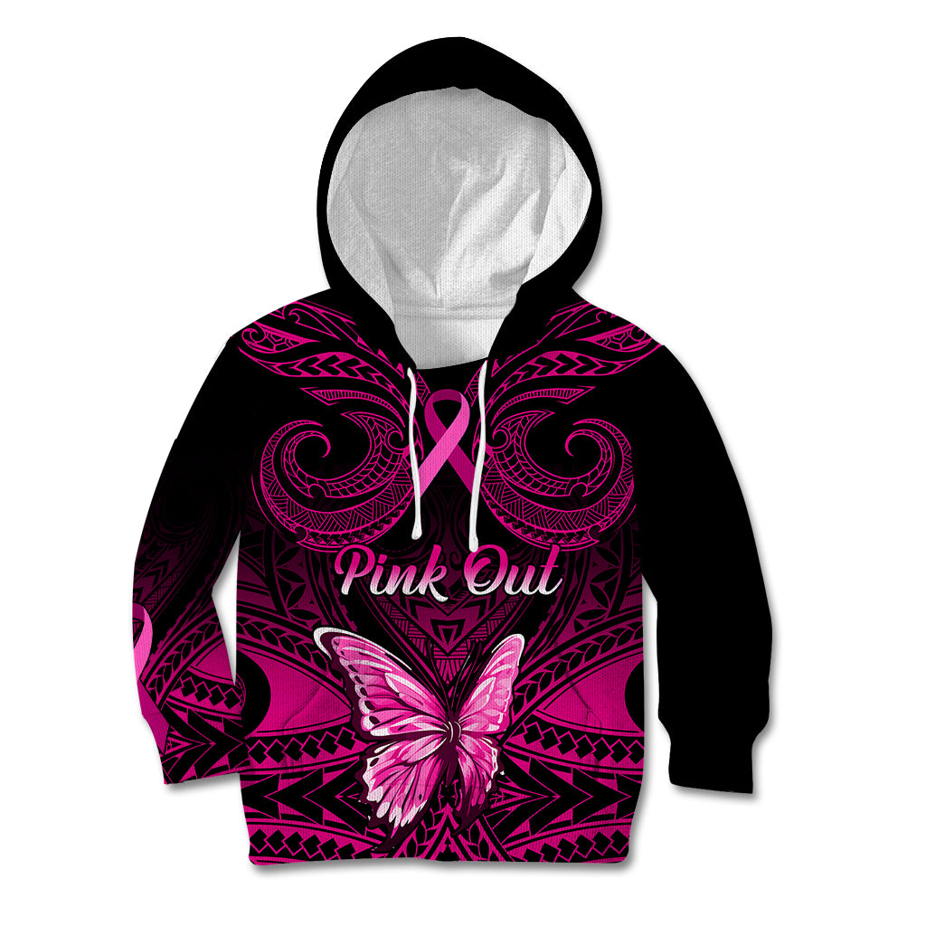 Personalised Pink Out Kid Hoodie Breast Cancer Awareness Polynesian Pattern Black Version - Wonder Print Shop