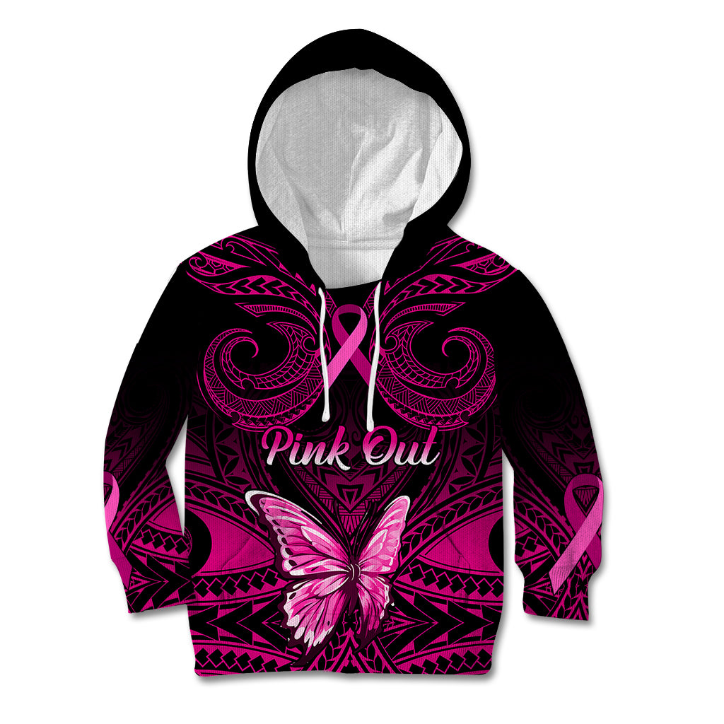 Personalised Pink Out Kid Hoodie Breast Cancer Awareness Polynesian Pattern Black Version - Wonder Print Shop