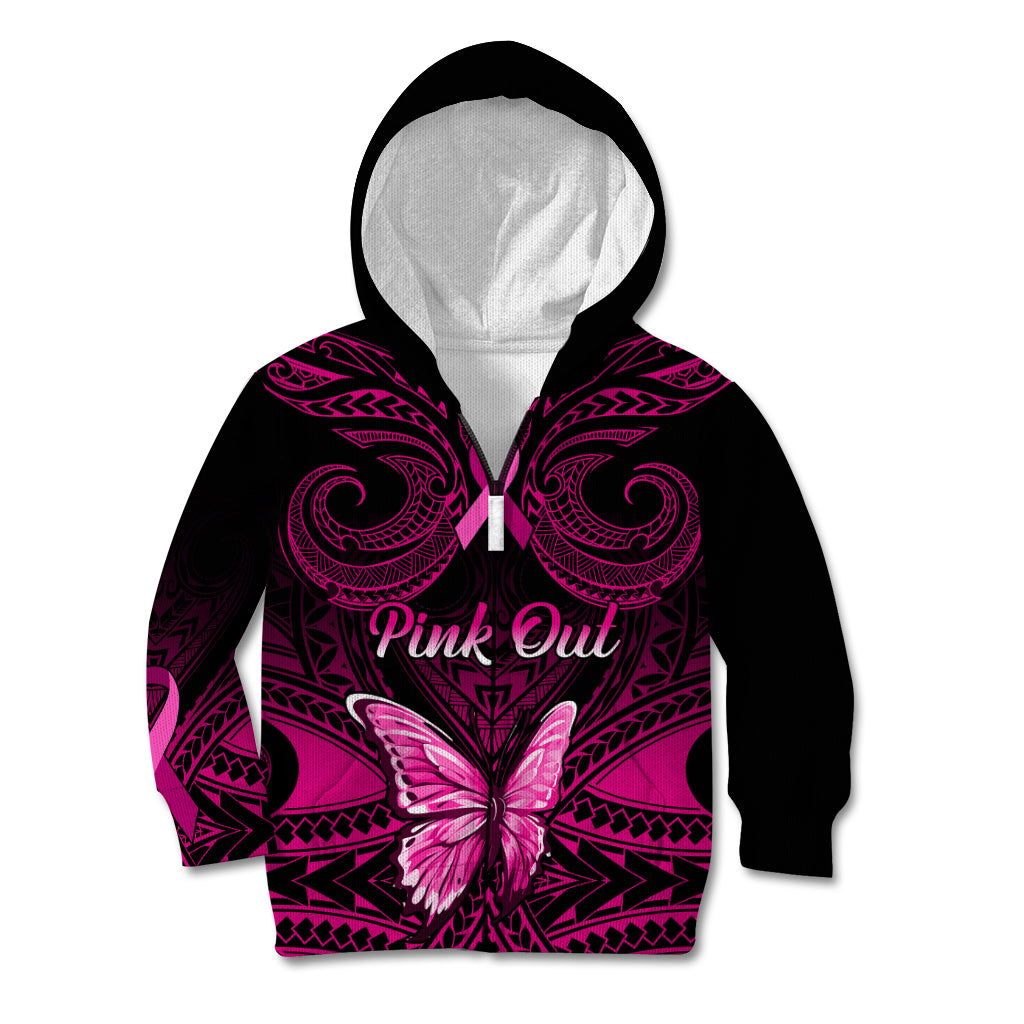 Personalised Pink Out Kid Hoodie Breast Cancer Awareness Polynesian Pattern Black Version - Wonder Print Shop