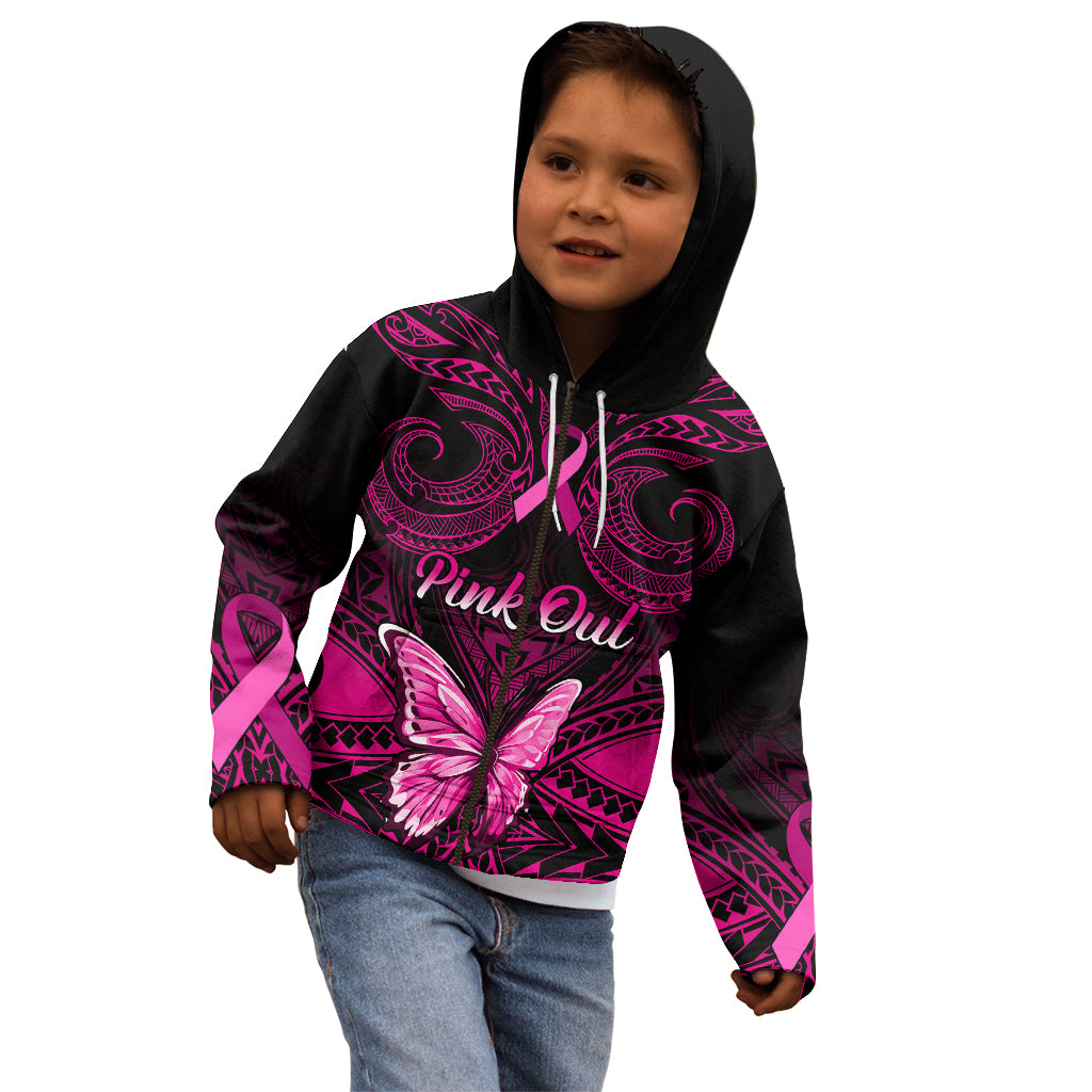 Personalised Pink Out Kid Hoodie Breast Cancer Awareness Polynesian Pattern Black Version - Wonder Print Shop