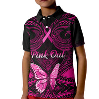 Personalised Pink Out Kid Polo Shirt Breast Cancer Awareness Polynesian Pattern Black Version - Wonder Print Shop