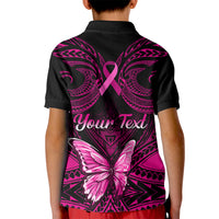 Personalised Pink Out Kid Polo Shirt Breast Cancer Awareness Polynesian Pattern Black Version - Wonder Print Shop