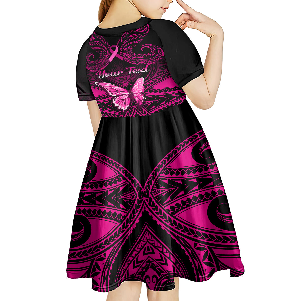 Personalised Pink Out Kid Short Sleeve Dress Breast Cancer Awareness Polynesian Pattern Black Version - Wonder Print Shop