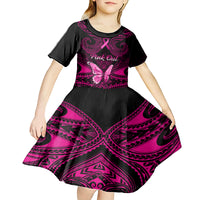 Personalised Pink Out Kid Short Sleeve Dress Breast Cancer Awareness Polynesian Pattern Black Version - Wonder Print Shop