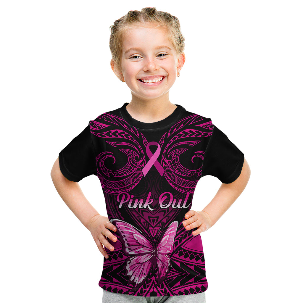 Personalised Pink Out Kid T Shirt Breast Cancer Awareness Polynesian Pattern Black Version - Wonder Print Shop