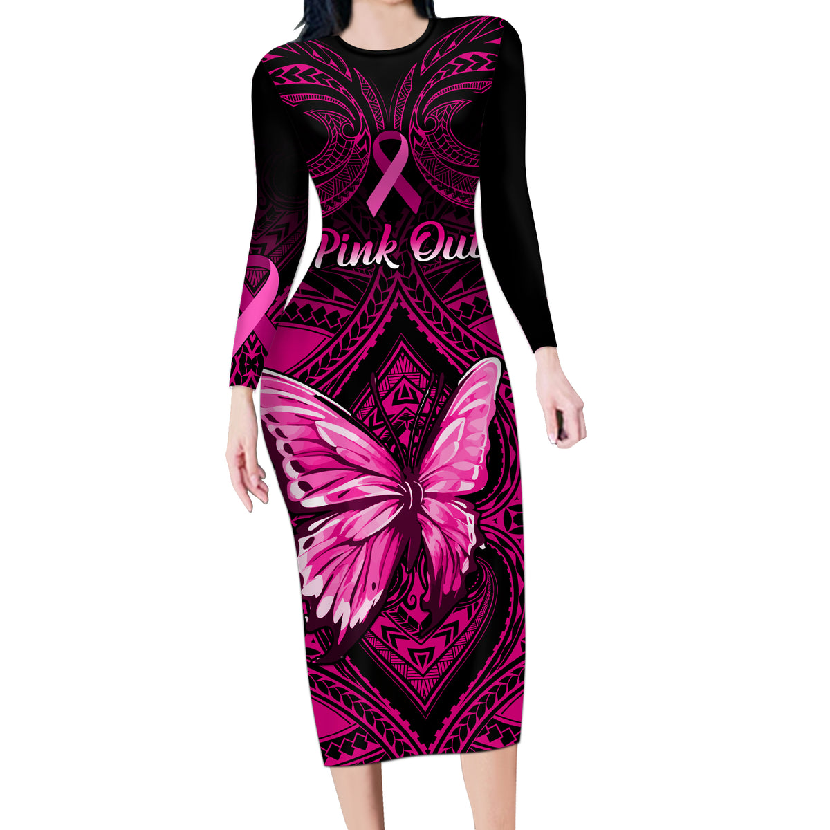 Personalised Pink Out Long Sleeve Bodycon Dress Breast Cancer Awareness Polynesian Pattern Black Version - Wonder Print Shop