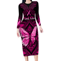Personalised Pink Out Long Sleeve Bodycon Dress Breast Cancer Awareness Polynesian Pattern Black Version - Wonder Print Shop