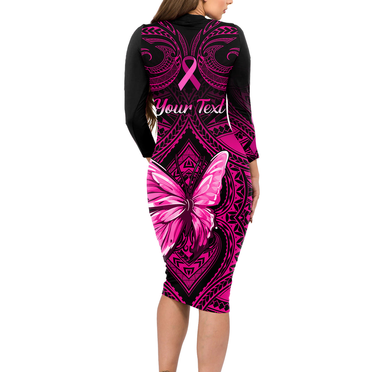 Personalised Pink Out Long Sleeve Bodycon Dress Breast Cancer Awareness Polynesian Pattern Black Version - Wonder Print Shop