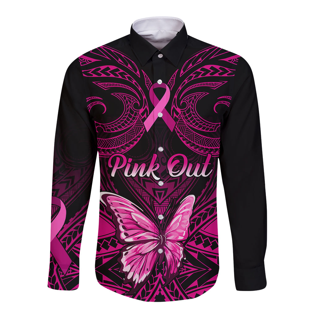 Personalised Pink Out Long Sleeve Button Shirt Breast Cancer Awareness Polynesian Pattern Black Version - Wonder Print Shop