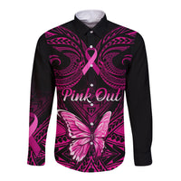 Personalised Pink Out Long Sleeve Button Shirt Breast Cancer Awareness Polynesian Pattern Black Version - Wonder Print Shop