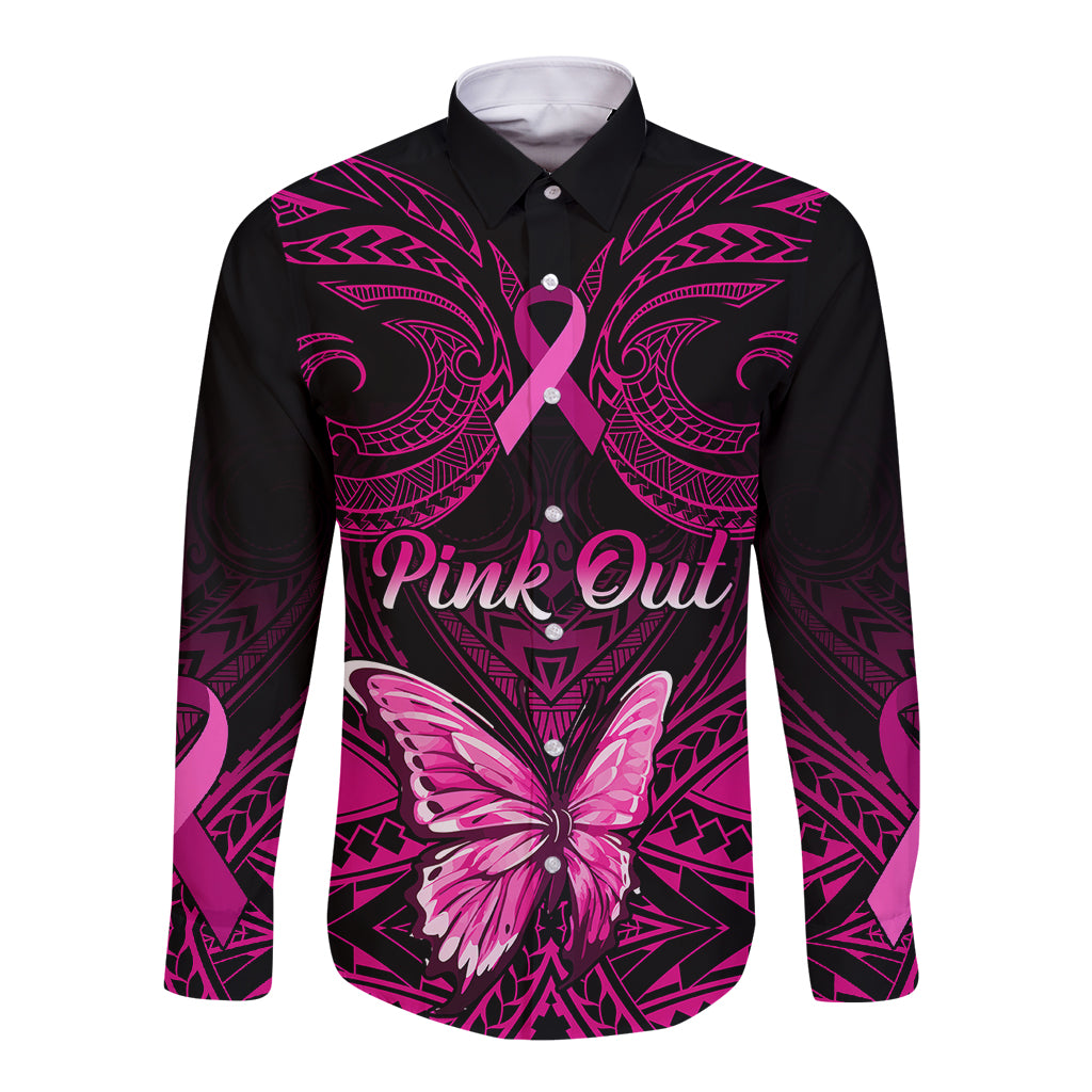 Personalised Pink Out Long Sleeve Button Shirt Breast Cancer Awareness Polynesian Pattern Black Version - Wonder Print Shop