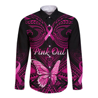 Personalised Pink Out Long Sleeve Button Shirt Breast Cancer Awareness Polynesian Pattern Black Version - Wonder Print Shop