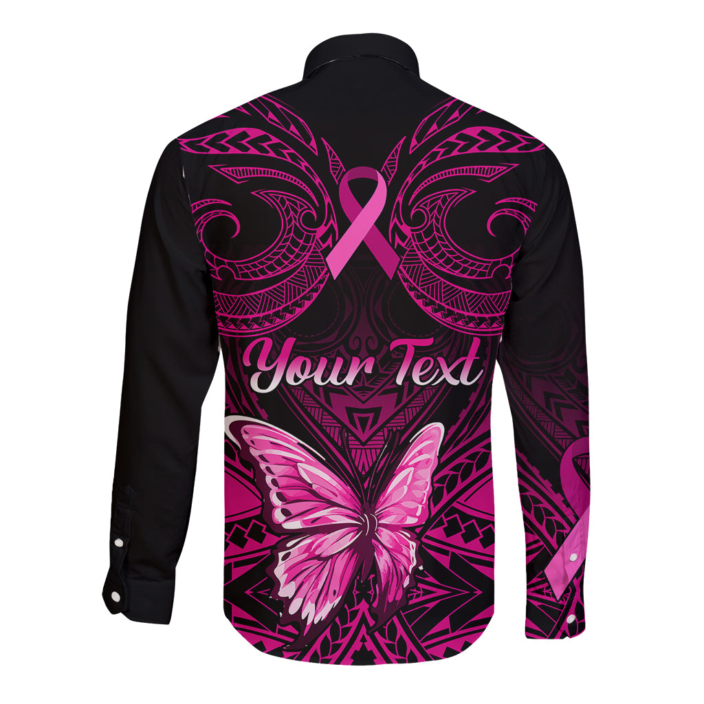Personalised Pink Out Long Sleeve Button Shirt Breast Cancer Awareness Polynesian Pattern Black Version - Wonder Print Shop