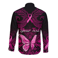Personalised Pink Out Long Sleeve Button Shirt Breast Cancer Awareness Polynesian Pattern Black Version - Wonder Print Shop