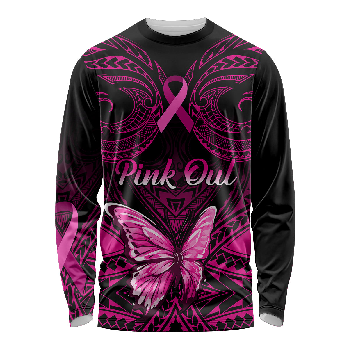 Personalised Pink Out Long Sleeve Shirt Breast Cancer Awareness Polynesian Pattern Black Version - Wonder Print Shop