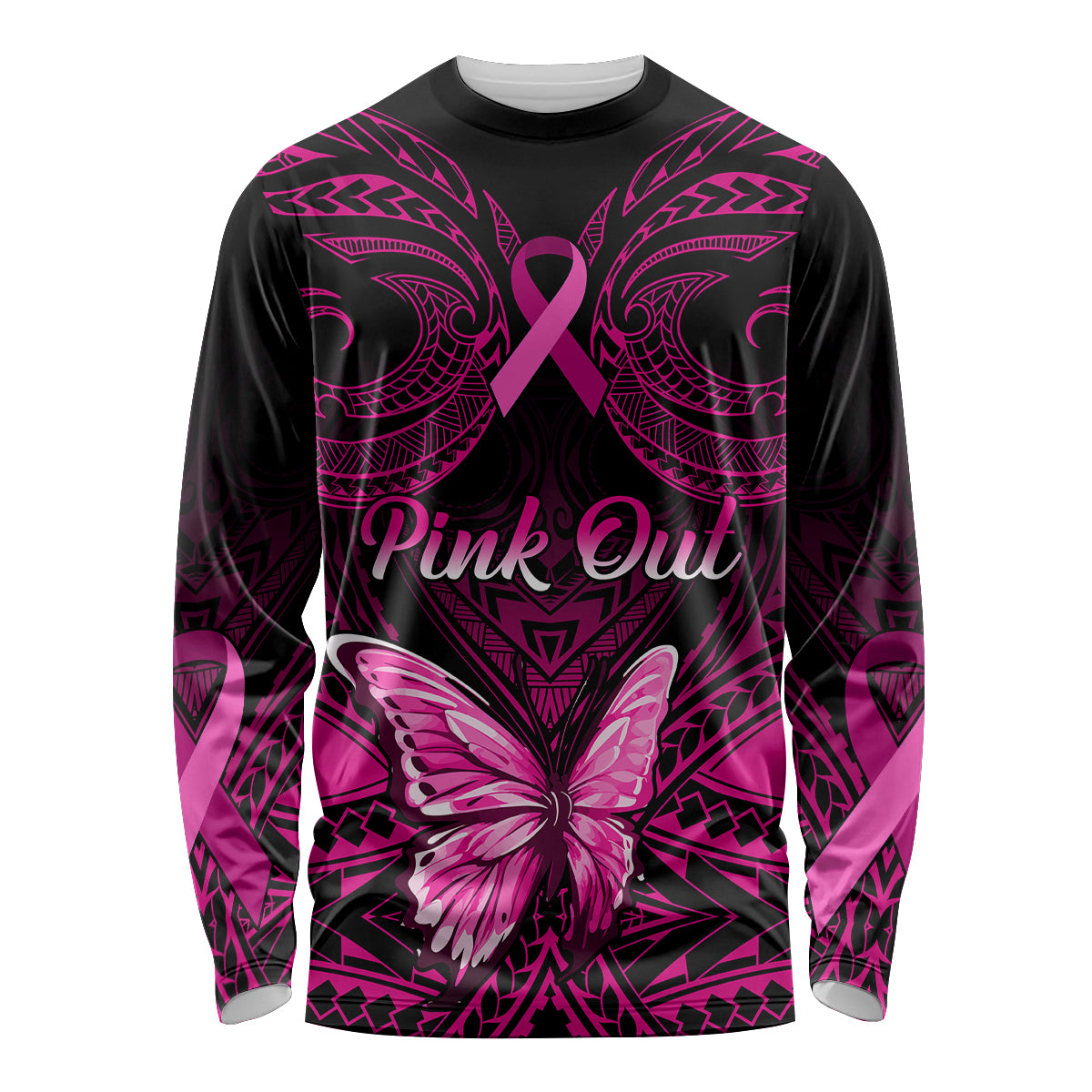 Personalised Pink Out Long Sleeve Shirt Breast Cancer Awareness Polynesian Pattern Black Version - Wonder Print Shop