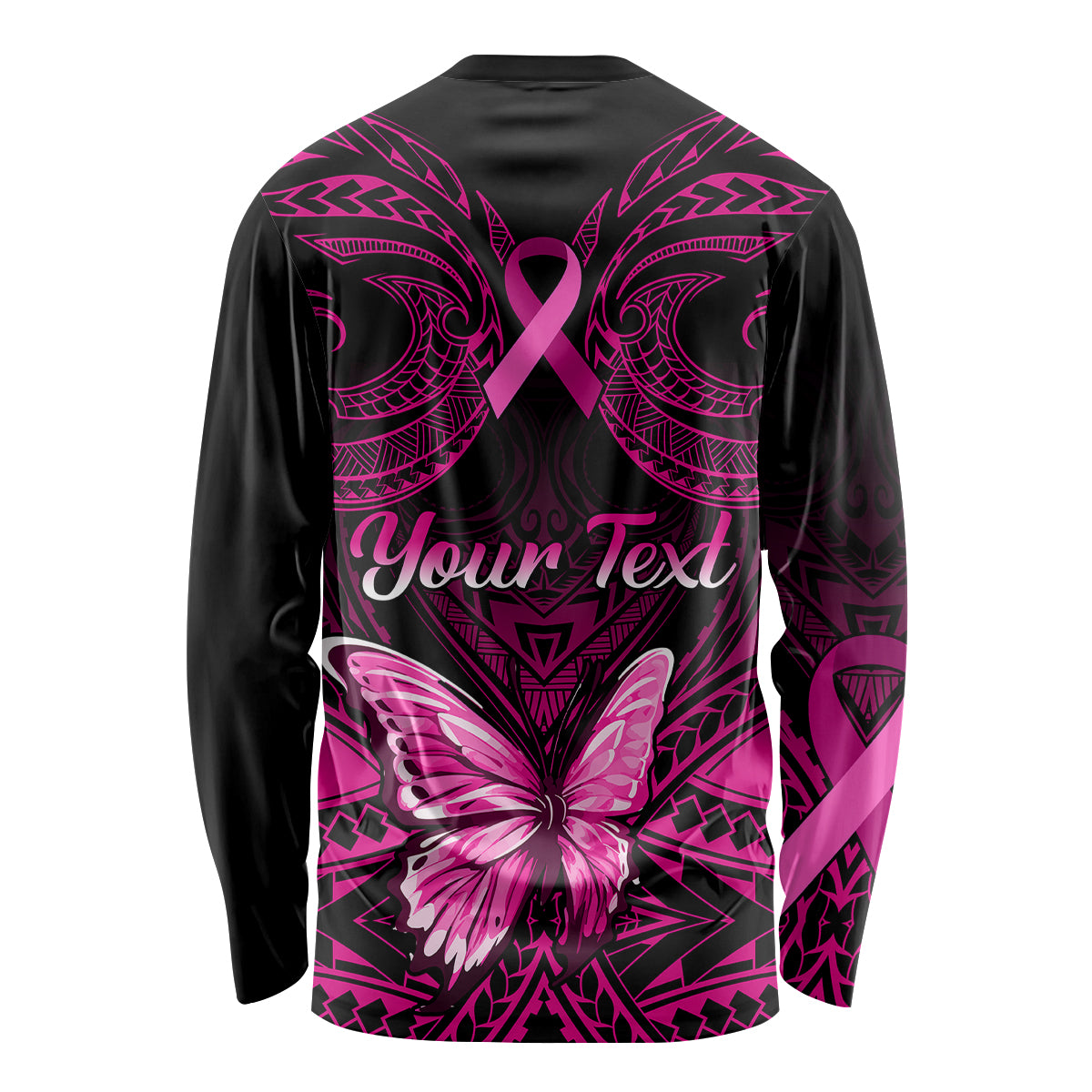 Personalised Pink Out Long Sleeve Shirt Breast Cancer Awareness Polynesian Pattern Black Version - Wonder Print Shop