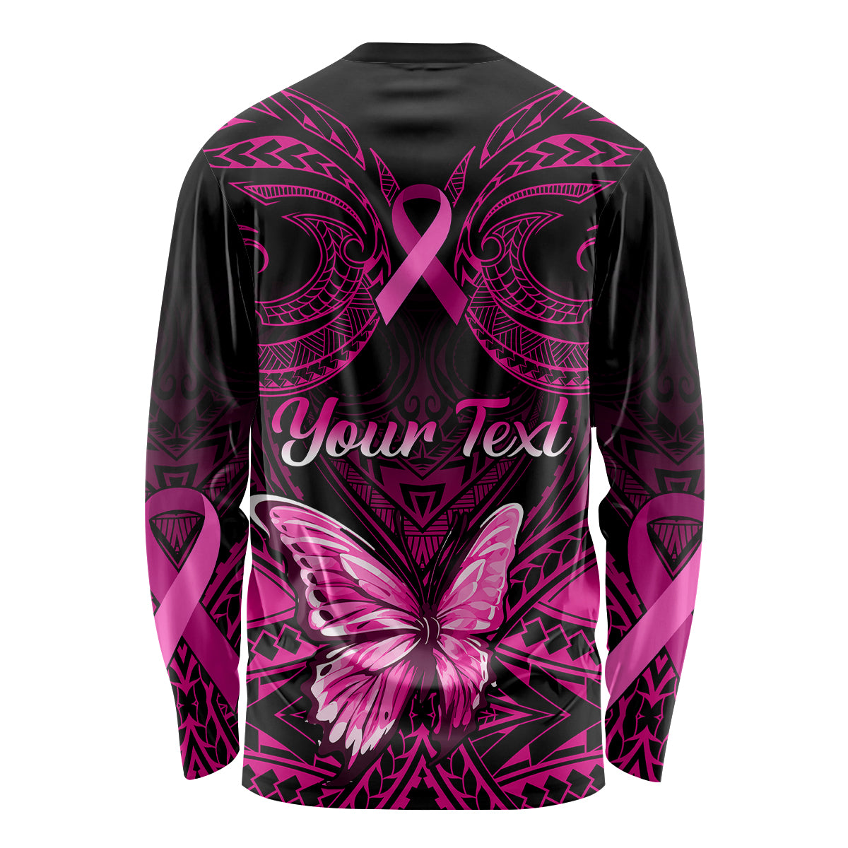 Personalised Pink Out Long Sleeve Shirt Breast Cancer Awareness Polynesian Pattern Black Version - Wonder Print Shop