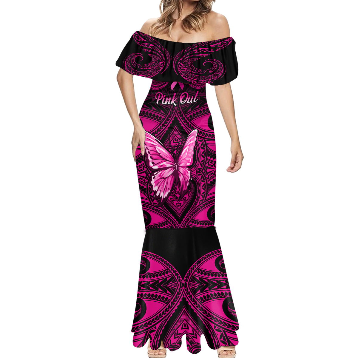 Personalised Pink Out Mermaid Dress Breast Cancer Awareness Polynesian Pattern Black Version - Wonder Print Shop