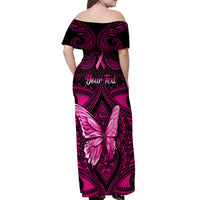 Personalised Pink Out Off Shoulder Maxi Dress Breast Cancer Awareness Polynesian Pattern Black Version - Wonder Print Shop