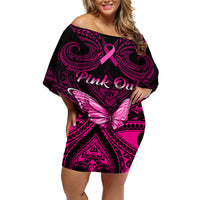Personalised Pink Out Off Shoulder Short Dress Breast Cancer Awareness Polynesian Pattern Black Version - Wonder Print Shop
