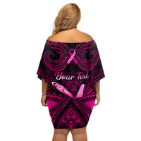 Personalised Pink Out Off Shoulder Short Dress Breast Cancer Awareness Polynesian Pattern Black Version - Wonder Print Shop