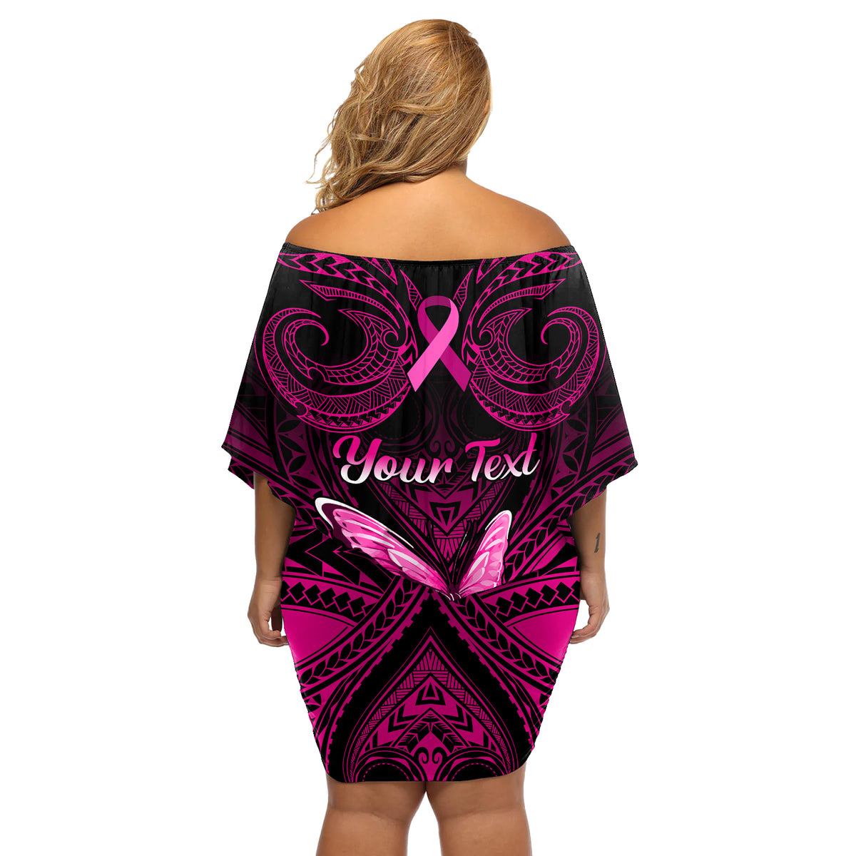 Personalised Pink Out Off Shoulder Short Dress Breast Cancer Awareness Polynesian Pattern Black Version - Wonder Print Shop
